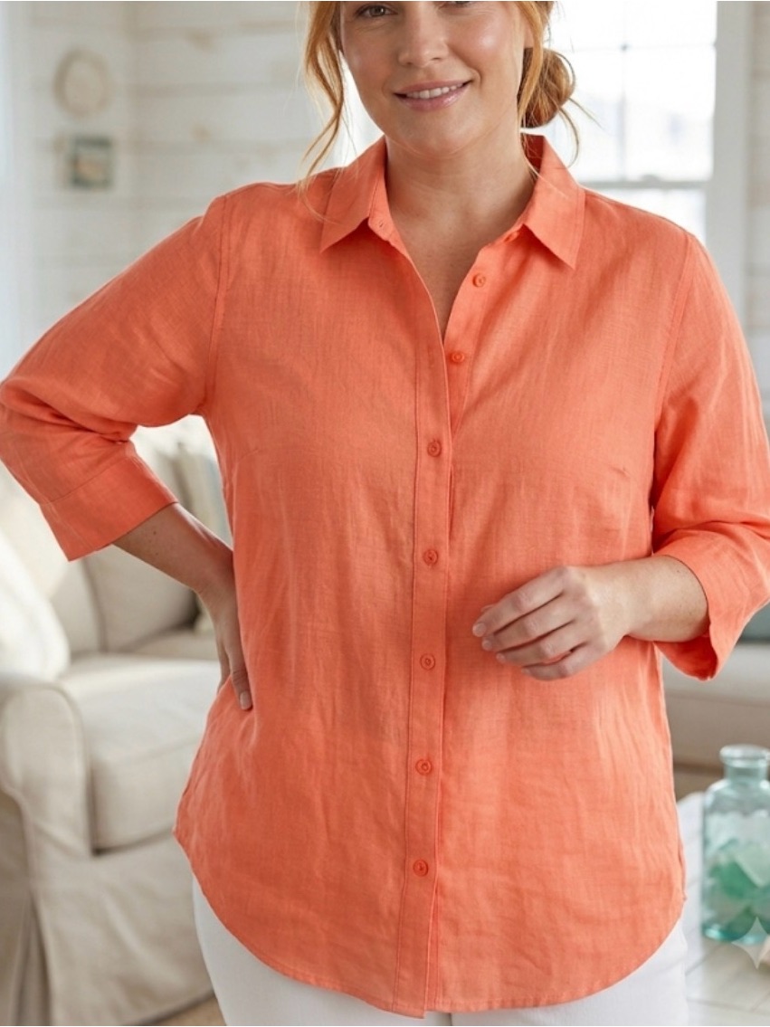 Chico’s No Iron Linen Shirt Coral Orange 3/4 Sleeve Size 3 Large